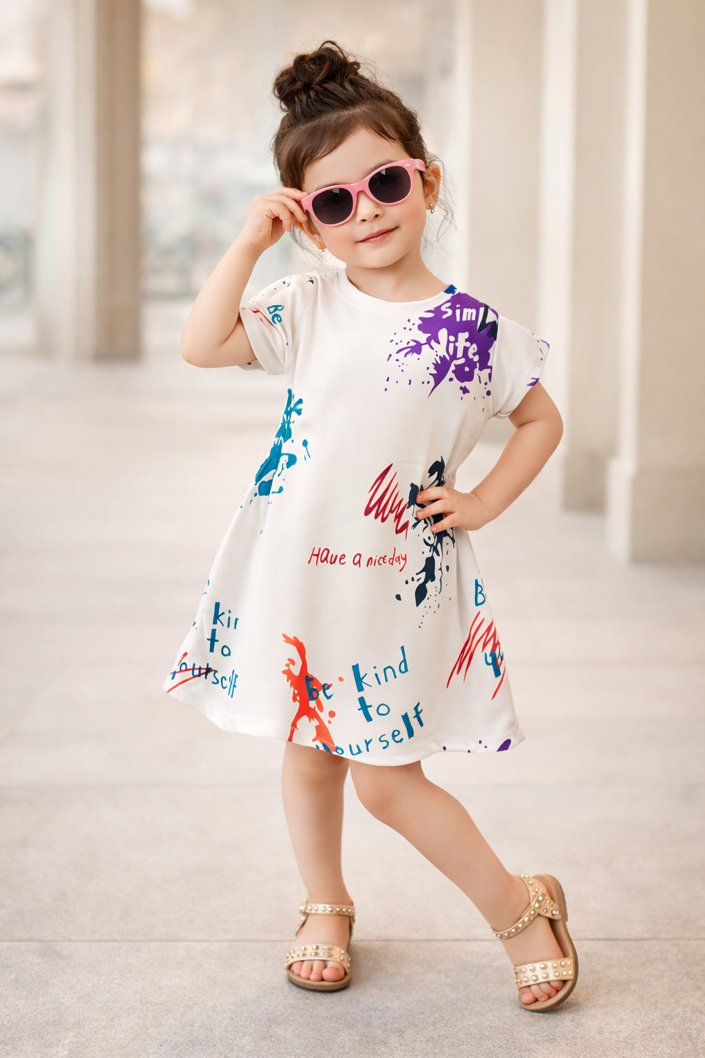 Girls Premium Abstract Splash Print Dress – White Edition