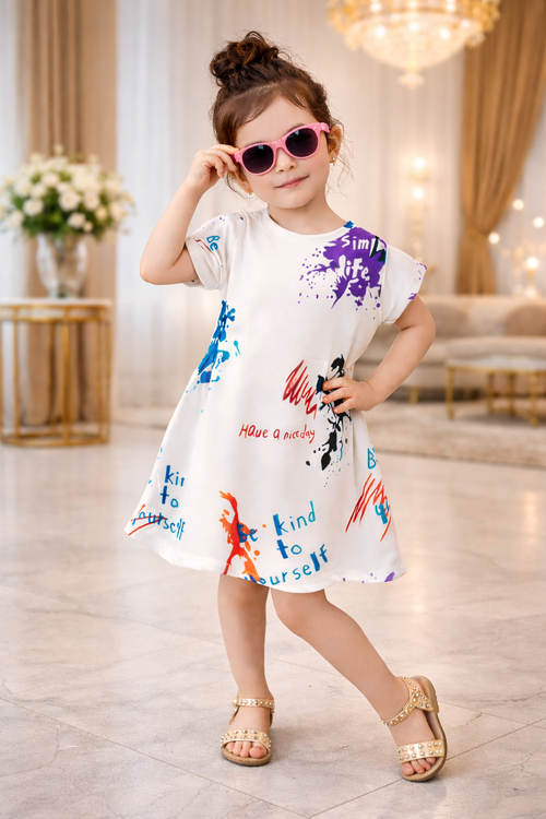 Girls Premium Abstract Splash Print Dress – White Edition