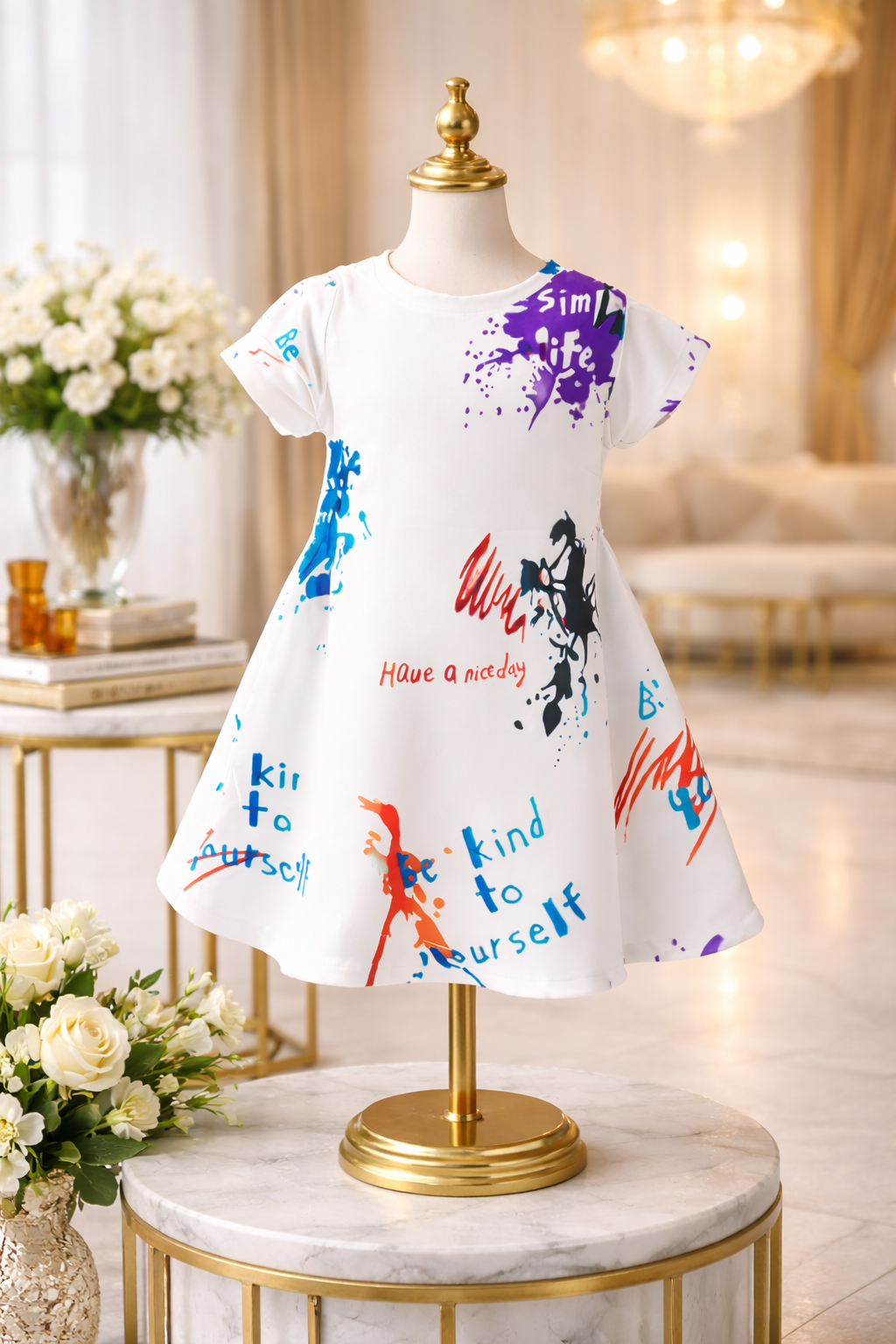 Girls Premium Abstract Splash Print Dress – White Edition