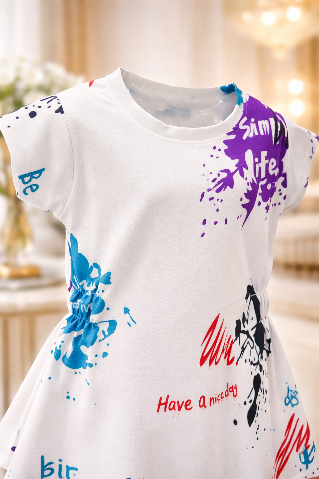 Girls Premium Abstract Splash Print Dress – White Edition