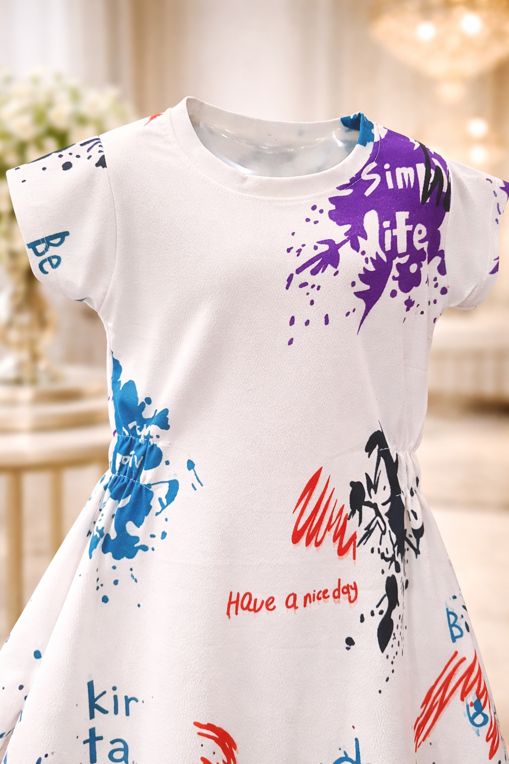 Girls Premium Abstract Splash Print Dress – White Edition