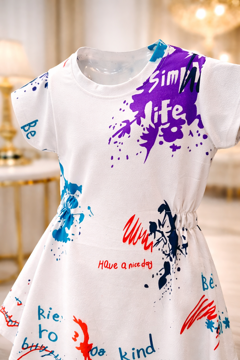 Girls Premium Abstract Splash Print Dress – White Edition