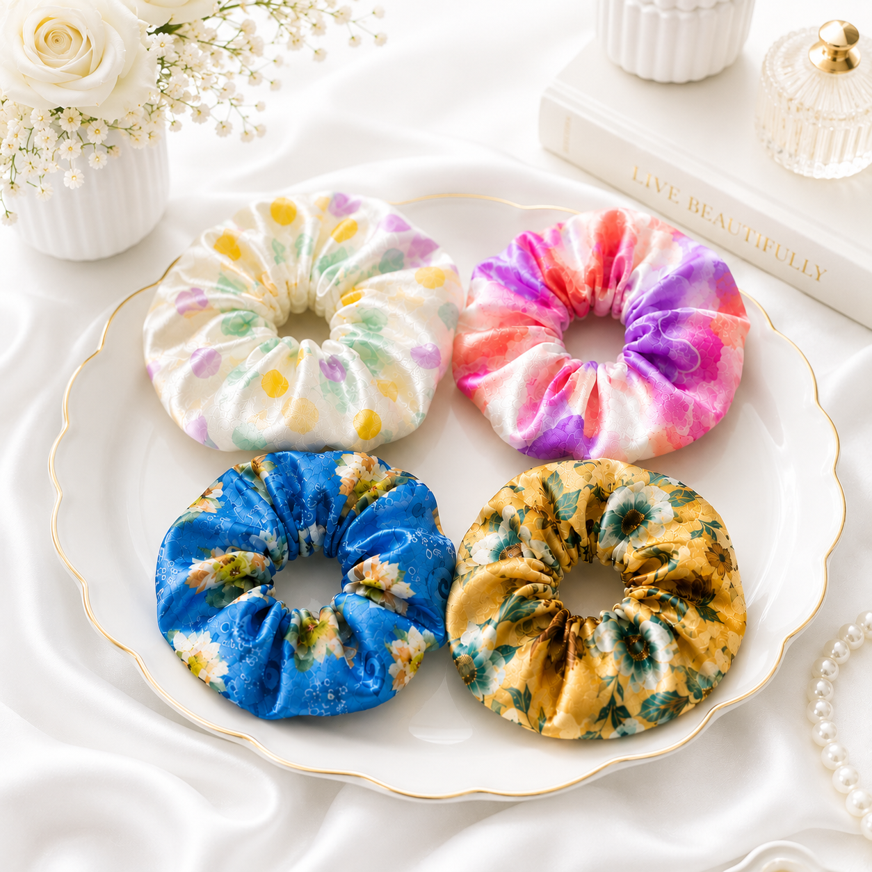 Printed Satin Scrunchies for Women & Girls