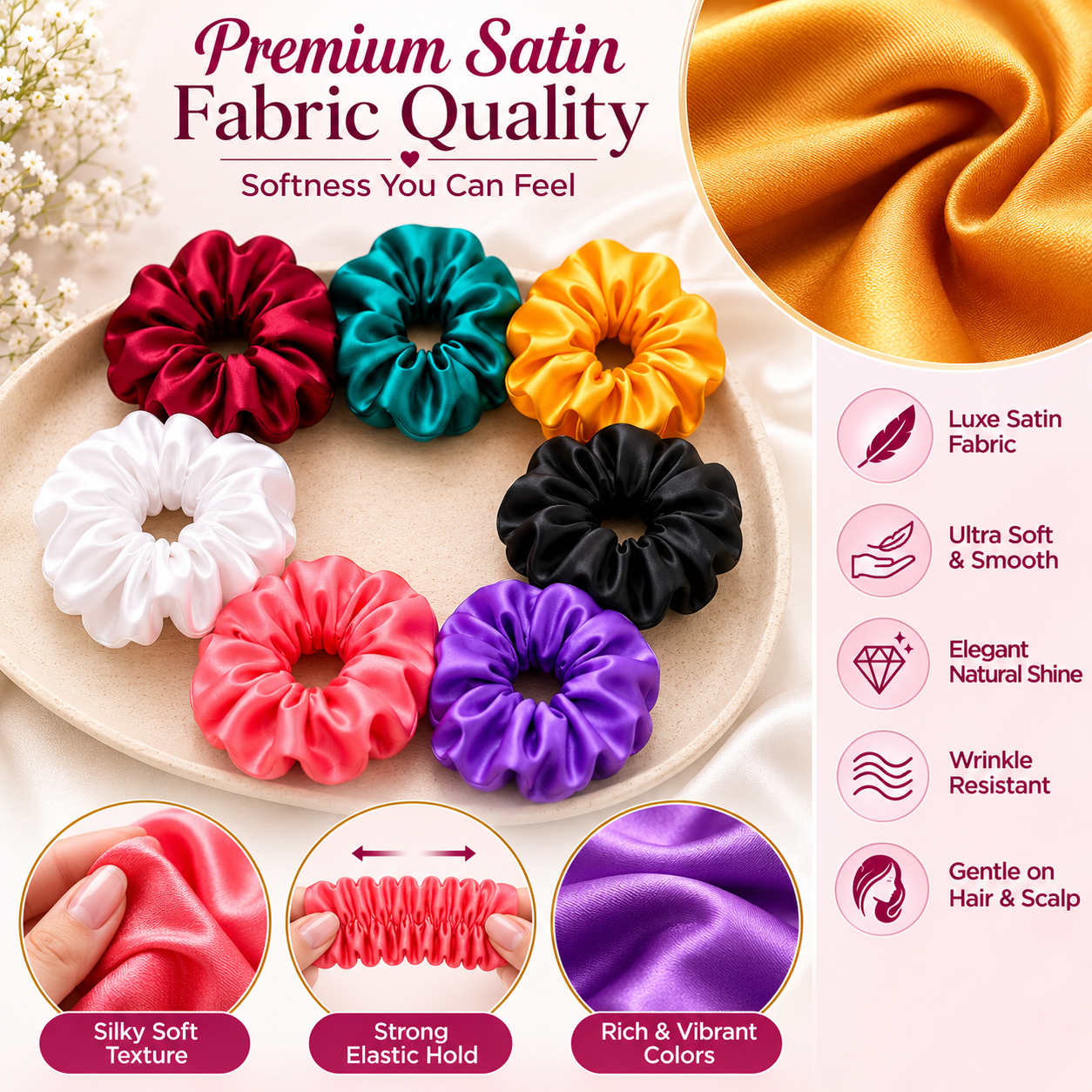 Satin Scrunchies for Women & Girls | Pack of 7