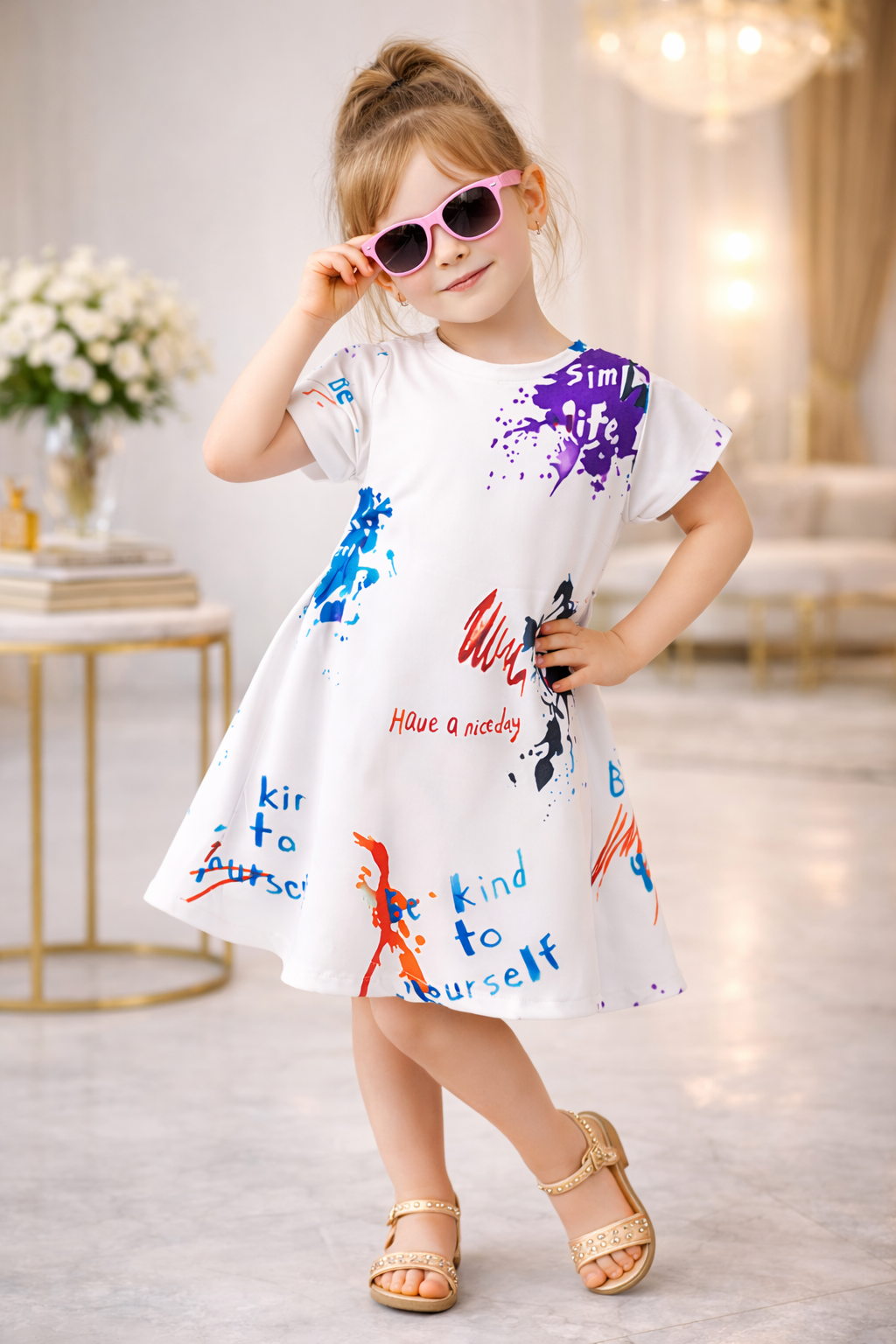 Girls Premium Abstract Splash Print Dress – White Edition