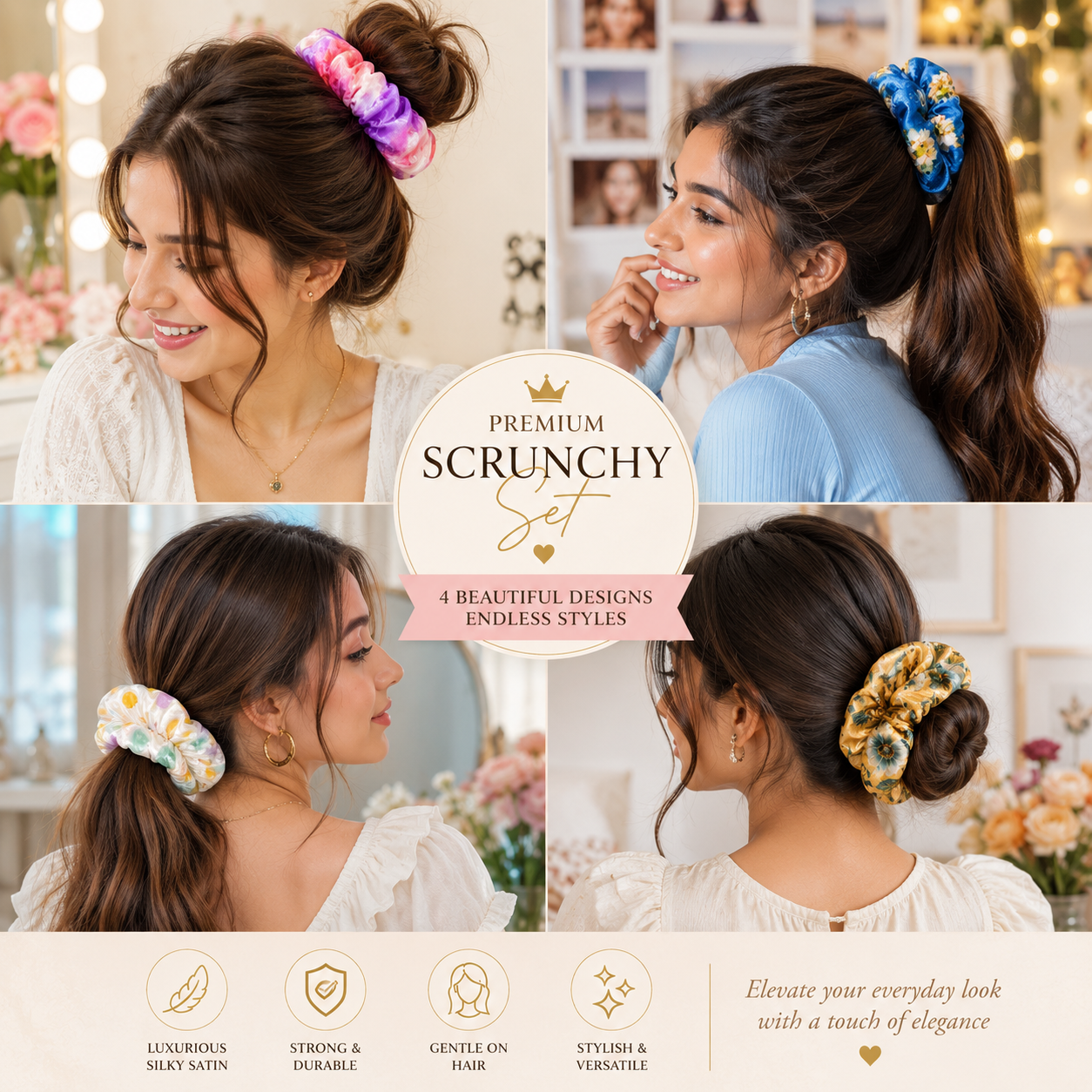 Printed Satin Scrunchies for Women & Girls