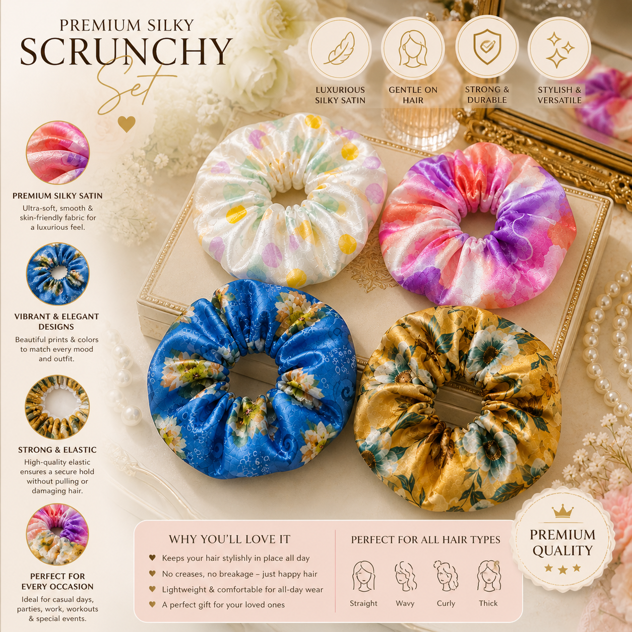 Printed Satin Scrunchies for Women & Girls